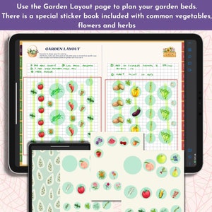 May include: A digital tablet screen displaying a garden layout page with a grid and stickers of vegetables, fruits, and herbs. The text on the screen reads "GARDEN LAYOUT" and "ADD IN SUMMER SAVORY & SPRING ONIONS".