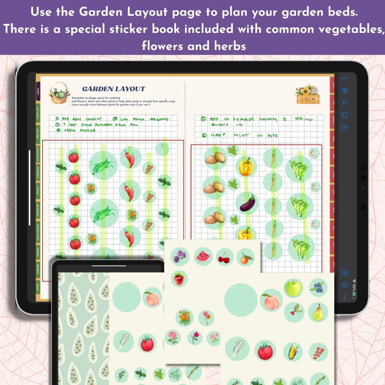 May include: A digital tablet screen displaying a garden layout page with a grid and stickers of vegetables, fruits, and herbs. The text on the screen reads "GARDEN LAYOUT" and "ADD IN SUMMER SAVORY & SPRING ONIONS".