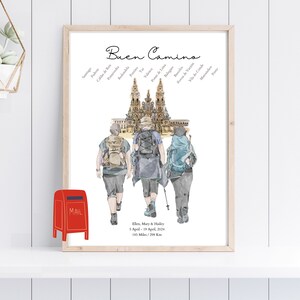 May include: A watercolor illustration of three people walking on the Camino de Santiago pilgrimage route in Spain. The illustration includes the text "Buen Camino" and the names Ellen, Mary, and Hailey. The text also includes the dates 5 April - 19 April, 2024 and the distance 185 Miles / 298 Km.