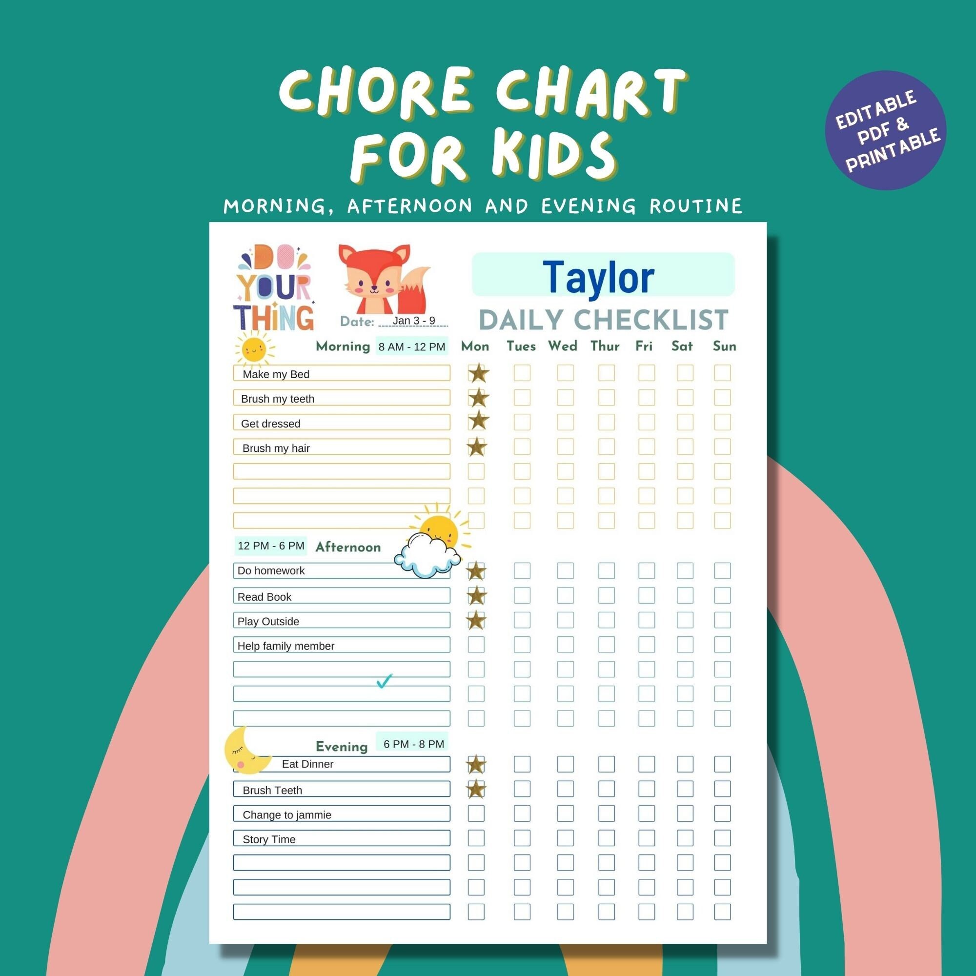 kids-daily-routine-chart-adhd-planner-printable-planner-fox-theme-etsy