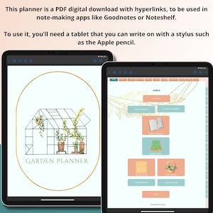 May include: A digital garden planner with a green and gold greenhouse illustration. The planner is a PDF download with hyperlinks and can be used in note-taking apps like Goodnotes or Noteshelf. The planner includes sections for a plant list, seed starter log, succession sowing, weekly overview, garden layout, seed inventory, plant profiles, and more.