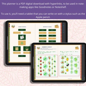 May include: A digital garden planner with three pages: a garden journal, a monthly planner, and a garden layout. The garden layout page features a grid with circles for planting vegetables, including tomatoes, peppers, and peas. The planner is designed for use with note-taking apps like Goodnotes or Noteshelf.