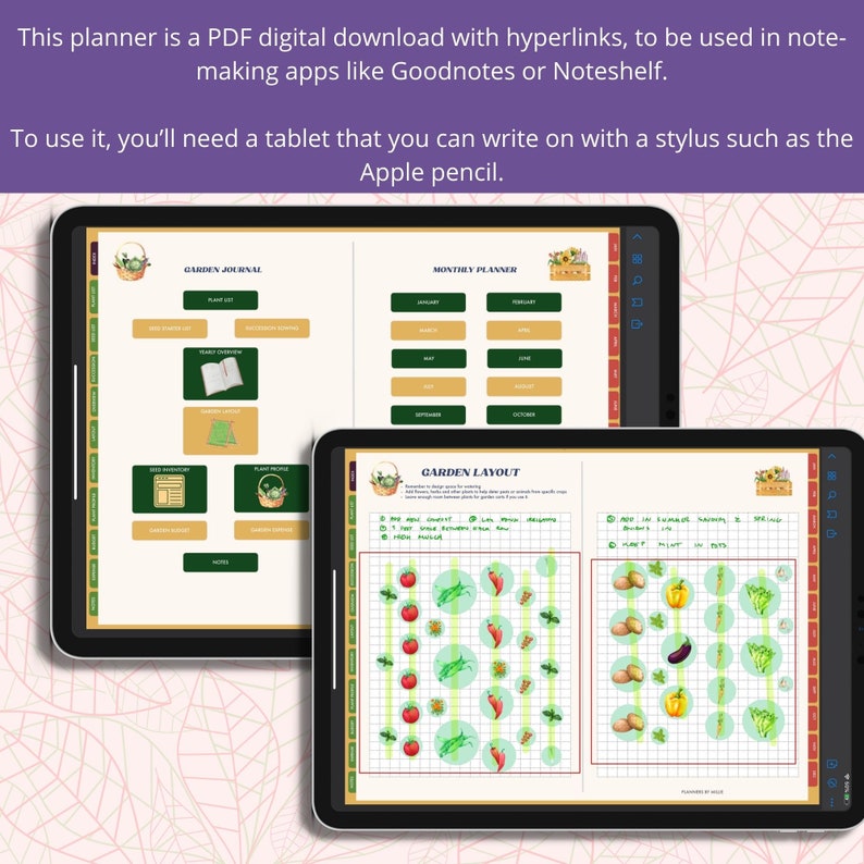 May include: A digital garden planner with three pages: a garden journal, a monthly planner, and a garden layout. The garden layout page features a grid with circles for planting vegetables, including tomatoes, peppers, and peas. The planner is designed for use with note-taking apps like Goodnotes or Noteshelf.