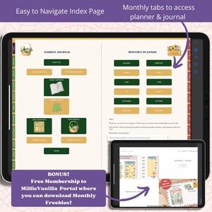 May include: A digital planner for gardening with a green and gold color scheme. The planner includes tabs for a garden journal, seed inventory, plant profiles, garden budget, and garden expenses. The planner also includes a monthly planner with tabs for each month of the year. The image includes the text "Easy to Navigate Index Page" and "Monthly tabs to access planner & journal".