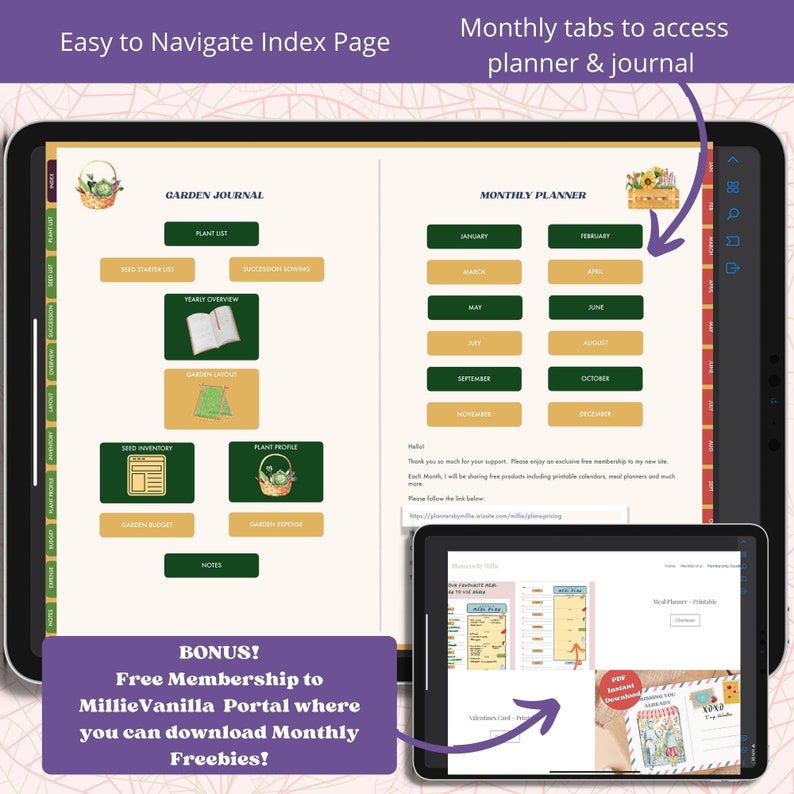 May include: A digital planner for gardening with a green and gold color scheme. The planner includes tabs for a garden journal, seed inventory, plant profiles, garden budget, and garden expenses. The planner also includes a monthly planner with tabs for each month of the year. The image includes the text "Easy to Navigate Index Page" and "Monthly tabs to access planner & journal".