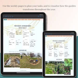 May include: Two digital tablet screens showing a weekly itinerary for a garden. The screens are open to the same app, but different weeks. The app has a journal section with photos of the garden.