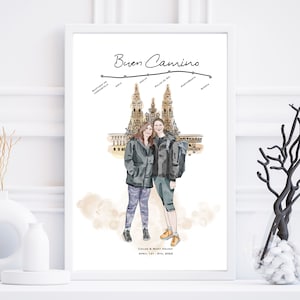 May include: A watercolor illustration of two people walking the Camino de Santiago pilgrimage route in Spain. The illustration features the Cathedral of Santiago de Compostela and the text "Buen Camino" and "CHLOE & MARY HAUSH APRIL 1ST-5TH, 2024".
