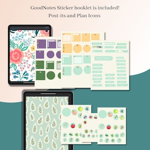 May include: A set of digital stickers for GoodNotes app. The stickers include floral patterns, post-it notes, plan icons, and fruit and vegetable illustrations. The stickers are in various colors, including green, yellow, orange, red, and blue.