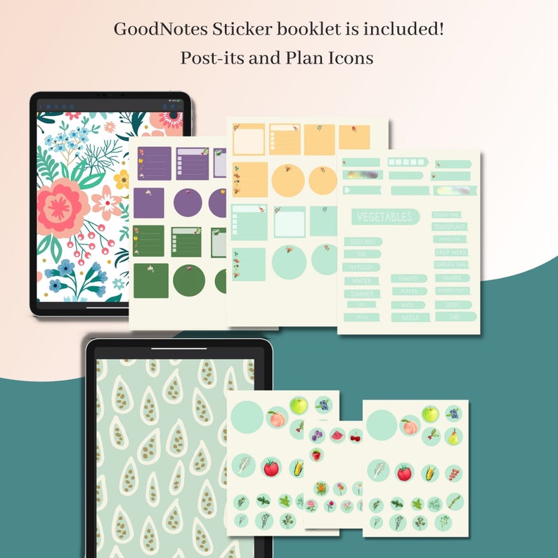 May include: A set of digital stickers for GoodNotes app. The stickers include floral patterns, post-it notes, plan icons, and fruit and vegetable illustrations. The stickers are in various colors, including green, yellow, orange, red, and blue.