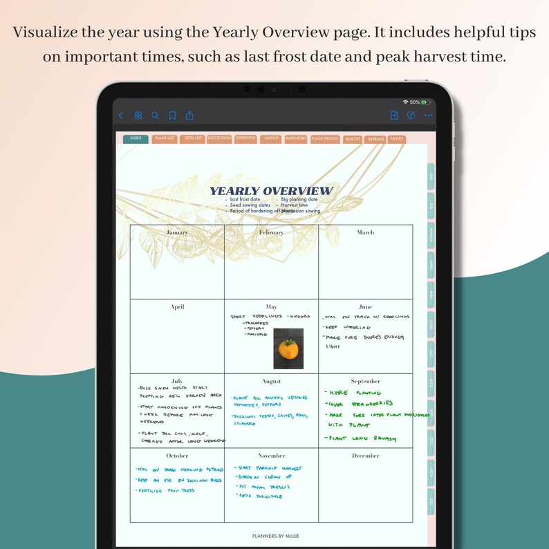 May include: A digital planner page with a yearly overview calendar. The calendar is divided into months, with each month containing a list of gardening tasks. The tasks include planting dates, harvest times, and other important gardening tips. The calendar is decorated with a floral design.