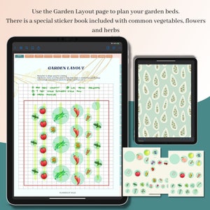 May include: A digital planner page with a grid layout for planning a garden. The page includes a section for adding compost, pest space, and irrigation. The grid is filled with colorful stickers of vegetables, flowers, and herbs. The text "GARDEN LAYOUT" is at the top of the page.