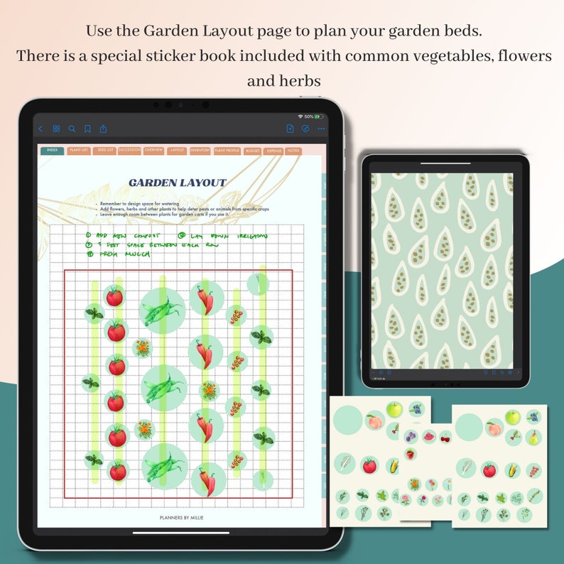 May include: A digital planner page with a grid layout for planning a garden. The page includes a section for adding compost, pest space, and irrigation. The grid is filled with colorful stickers of vegetables, flowers, and herbs. The text "GARDEN LAYOUT" is at the top of the page.
