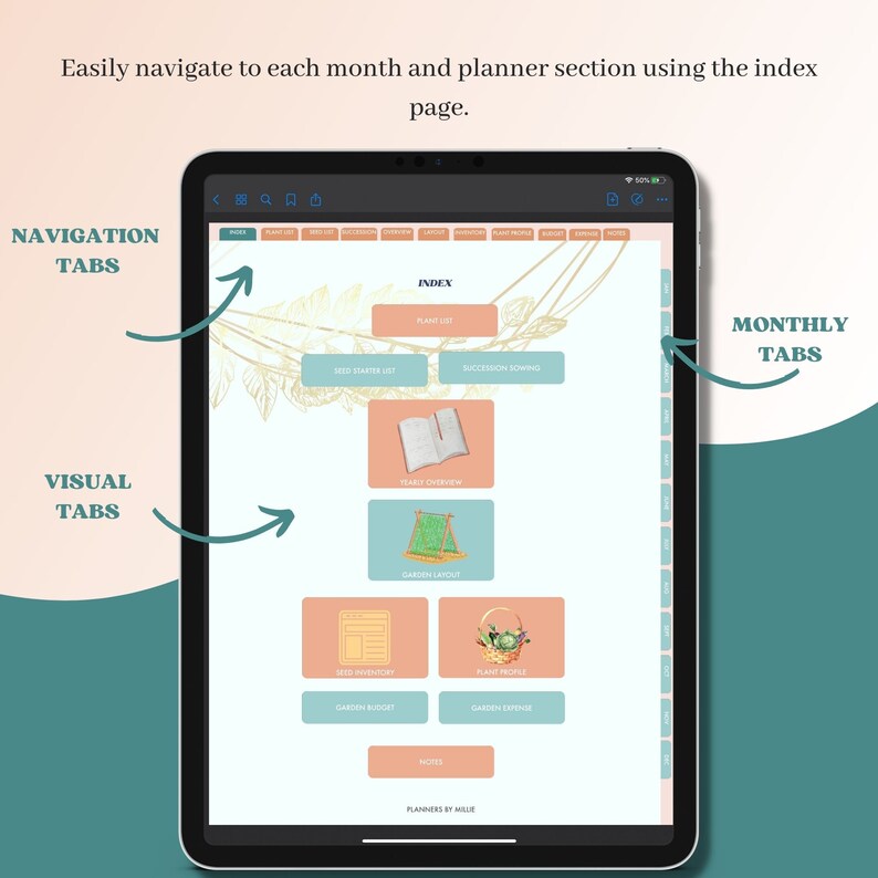 May include: A digital planner app interface with a light background and a vertical index of tabs on the right side. The index includes tabs for "Plant List", "Seed Starter List", "Succession Sowing", "Yearly Overview", "Garden Layout", "Seed Inventory", "Plant Profile", "Garden Budget", "Garden Expenses", and "Notes". The app is designed for gardening and includes a visual index with icons for each tab.