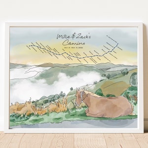Montagnes des Pyrénées - Faits saillants du Camino de Santiago - Portrait de cheval - Cadeau Camino personnalisé - Carte des sentiers personnalisée - Pays basque