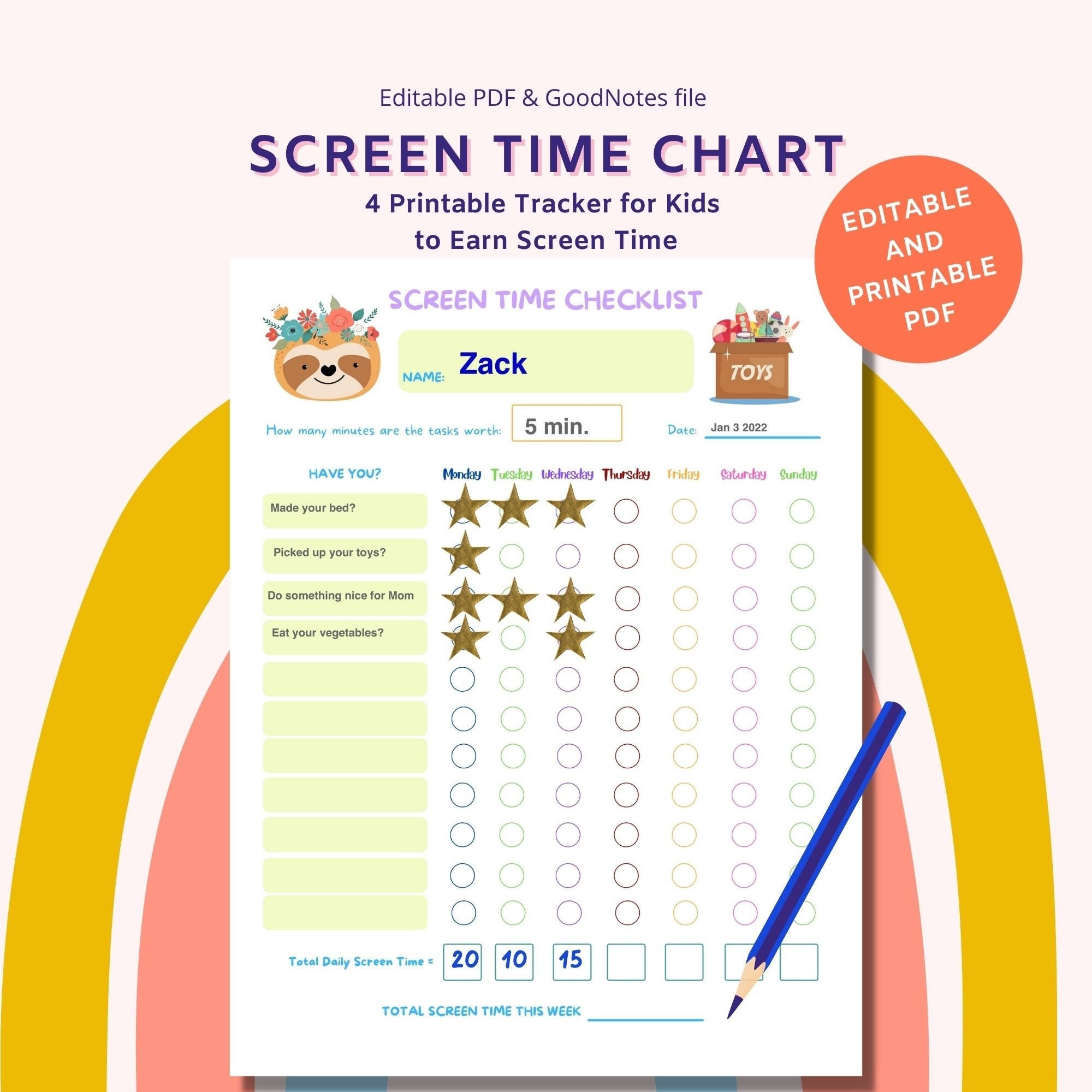 Printable Screen Time Chart Earn Screen Time Goodnotes Etsy UK