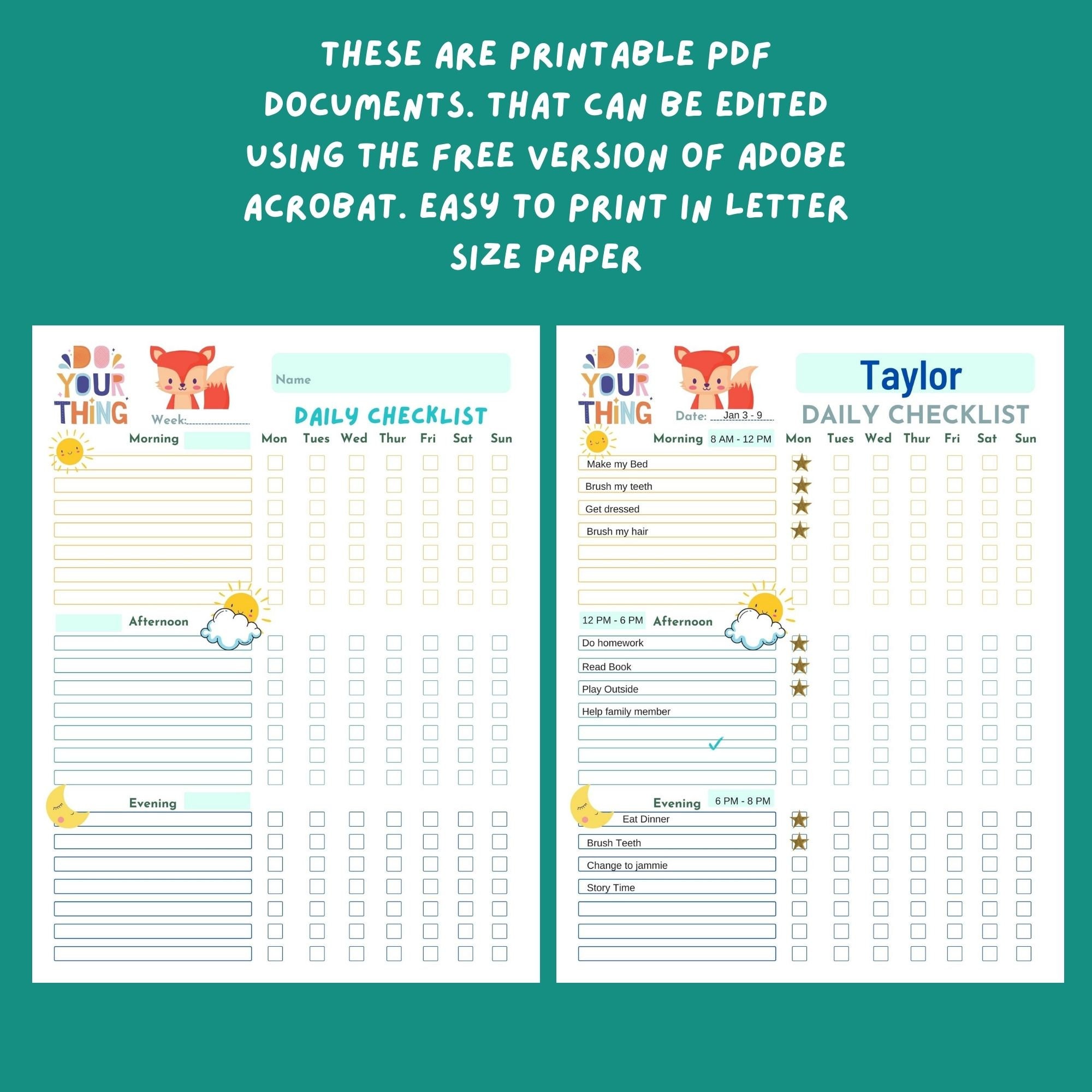 kids-daily-routine-chart-adhd-planner-printable-planner-fox-theme-etsy