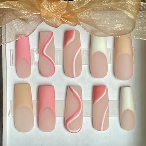 Pink, White & Neutral Swirl French Press On Nail Set