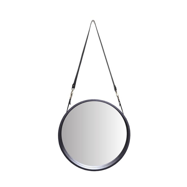 Round Wall Mirror Black Frame / Hanging Hallway Bedroom Bathroom Mirror Urban Modern Wall Decor /Round Mirror with Leather Strap