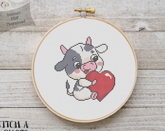 Valentinstag Kreuzstich | Kuh Kreuzstichmuster | Druckbare PDF | Valentinstag Kreuzstich Geschenk | Valentinstag Kuh Stickerei