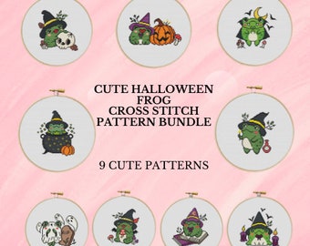 Halloween Frog Cross Stitch Bundle Halloween Cross Stitch Pattern Bundle Cross Stitch Digital PDF Download Simple Cross Stitch Embroidery