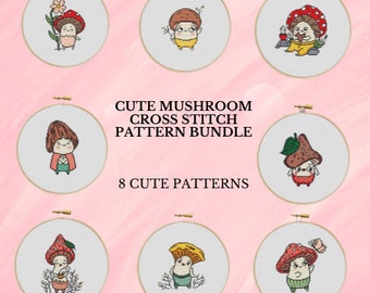 May include: A set of eight cross stitch patterns featuring cute mushroom characters. Each pattern is displayed in a white embroidery hoop with a light gray background. The patterns include mushrooms wearing clothes, holding flowers, and carrying a cup of tea.