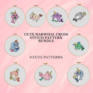 Narwhal Cross Stitch Bundle Narwhal Cross Stitch Pattern Bundle Cross Stitch Instant PDF Download Simple Cross Stitch Narwhal Embroidery