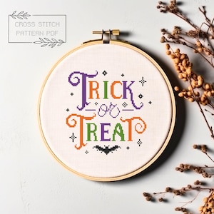 Trick or Treat Cross Stitch Pattern Halloween Bat Cross Stitch Halloween Embroidery Digital PDF Download