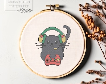 Gamer Cat Cross Stitch Pattern: Modern Embroidery (PDF Pattern)