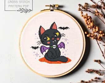 Patrón de punto de cruz de Halloween Halloween Punto de cruz simple Imprimible PDF Descarga instantánea Gráfico Gato de Halloween Punto de cruz contado Xstitch