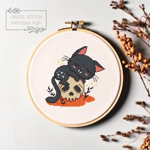 Halloween Cross Stitch Pattern Halloween Simple Cross Stitch Printable PDF Instant Download Chart Halloween Counted Cross Stitch Cat Xstitch