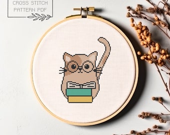 Kat en boeken kruissteekpatroon moderne kruissteek pdf-patroon kattenkruissteek kattenborduurwerk grappig kruissteekpatroon