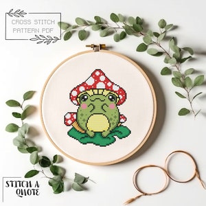 Frog Cross Stitch Pattern Simple Frog Cross Stitch Modern Cross Stitch Instant PDF Download Frog Xstitch Cute Mushroom Frog Cross Stitch