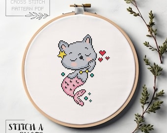 Mermaid Cross Stitch Pattern Simple Mermaid Cat Cross Stitch Modern Cross Stitch Instant PDF Download Xstitch Cute Cat Cross Stitch Animal