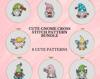 Gnome Cross Stitch Bundle Gnome Cross Stitch Pattern Bundle Cross Stitch Instant Digital PDF Download Simple Cross Stitch Gnome Embroidery