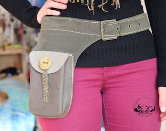 Olive Green Leather Fanny Pack with Golden Green Accents