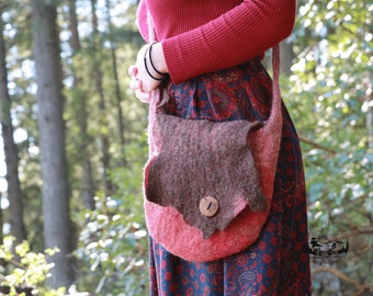 Red and Brown Wool Purse with Wood Button made by Wet Felting