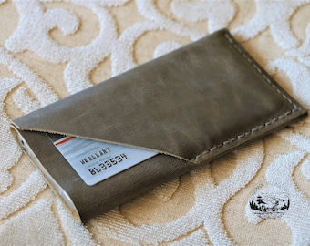 Grey Leather Cell Phone Sleeve with Card Slot