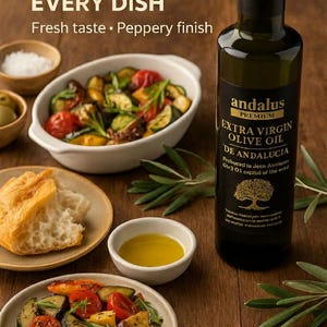 May include: A dark glass bottle of Andalus Premium Extra Virgin Olive Oil with a black cap and label featuring a tree icon. The label text reads Extra Virgin Olive Oil De Andalucia. Nearby are bowls of roasted vegetables, bread, and olive oil.