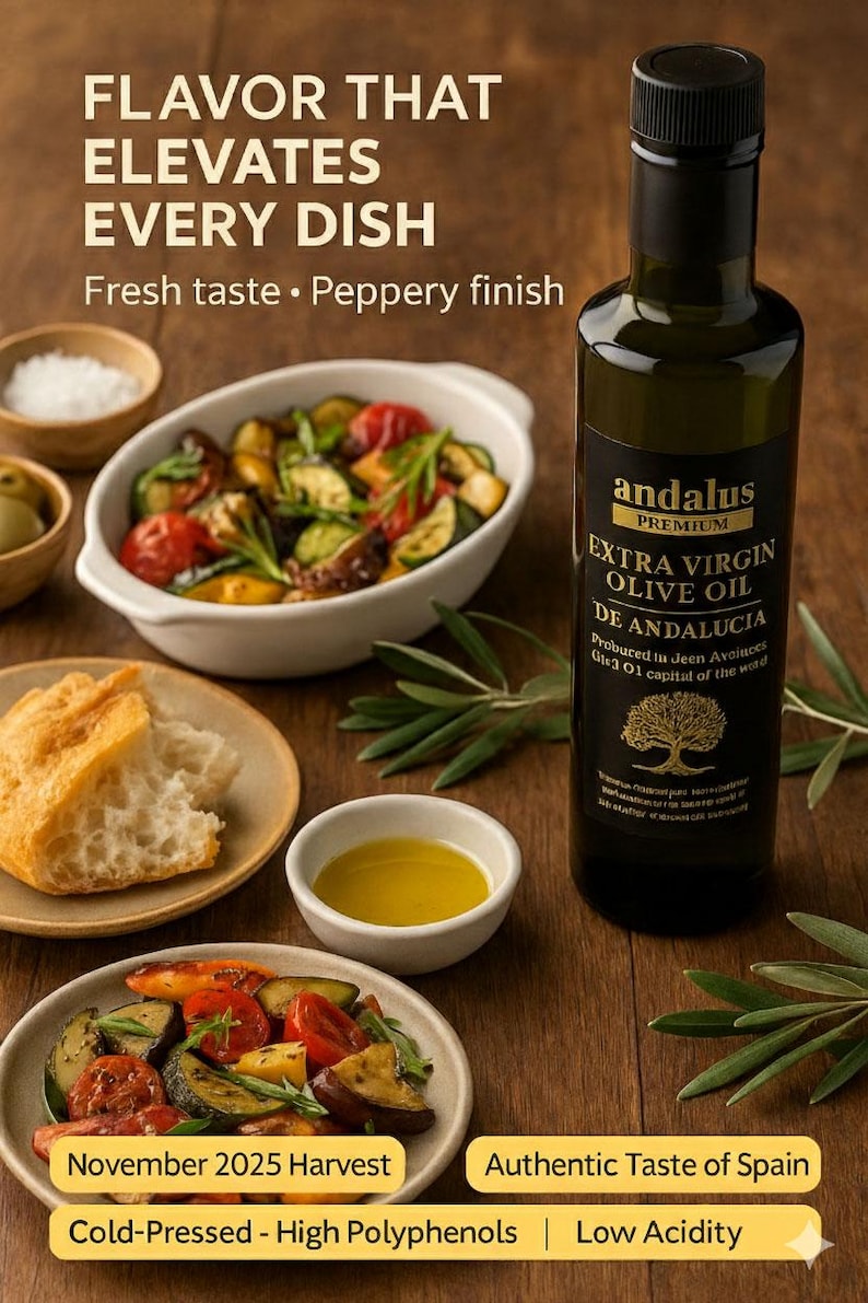 May include: A dark glass bottle of Andalus Premium Extra Virgin Olive Oil with a black cap and label featuring a tree icon. The label text reads Extra Virgin Olive Oil De Andalucia. Nearby are bowls of roasted vegetables, bread, and olive oil.
