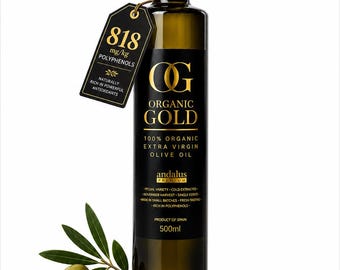 Certified Organic Extra Virgin Olive Oil, High Polyphenol EVOO, Cold Pressed, Andalus Organic Gold, EU Health Claim