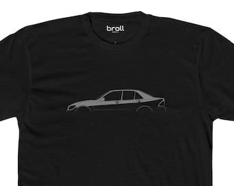 May include: Black t-shirt with a grey silhouette of a car on the front. The car is a side profile of a sedan.