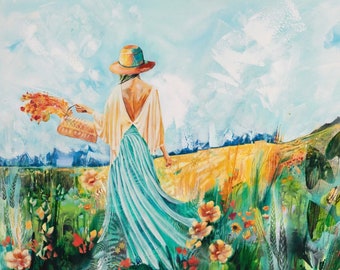 Scents of Summer • Wildflower Painting • Woman Picking Flowers • Fine Art Print • Landscape Art • Modern Farmhouse Decor