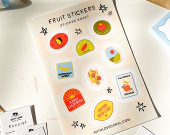 Fruit Sticker Sticker Sheet, Cute Stationery, Farmer&#39;s Market Stickers, Fruit Stickers, Clear Stickers, Fruit Collection | With Love, Coral