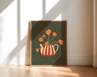 Tea Pot & Poppies Art Print, Cute Floral Wall Art, Colorful Art Print, Whimsical Flower Home Decor | With Love, Coral
