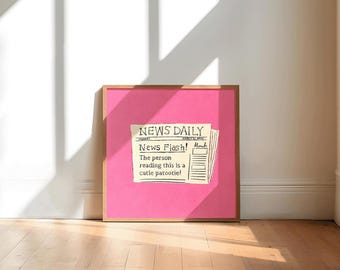 Cute Newspaper Art Print, Maximalism, Colorful Wall Art, Dopamine Decor, Square Art Print | With Love, Coral