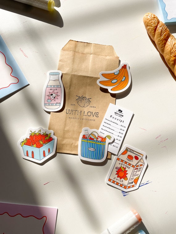 Groceries Sticker Pack, Cute Stationery, Farmer's Market Stickers, Colorful Fruit/Food Stickers, Fruit Collection | With Love, Coral