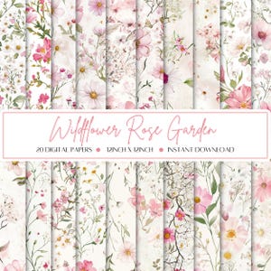 20 Wildflower Rose Garden Carta digitale per acquerello / 12 x 12 pollici Bundle / Uso commerciale / 300 dpi / Carta per scrapbooking / Carta floreale