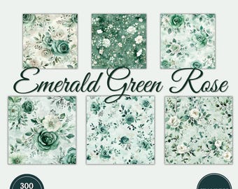 Emerald Green Rose Watercolor Digital Paper Bundle | 20 Seamless Floral Patterns | Scrapbook Junk Journal POD Commercial Use