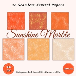 Könnte beinhalten: Ein digitales Collage-Blatt mit sechs quadratischen Designs mit Marmoreffekt in Orange-, Pfirsich- und Cremetönen. Der Text "20 Seamless Neutral Papers" und "Sunshine Marble" sind über den Designs zu sehen. Das Bild enthält auch den Text "300 DPI" und "Seamless".
