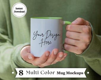 Mehrfarbiger Akzent 11 Unzen Becher Mockups Bundle - 8 Studio JPGs | Weiße Keramiktassen mit rosa, blauen und schwarzen Griffen für POD